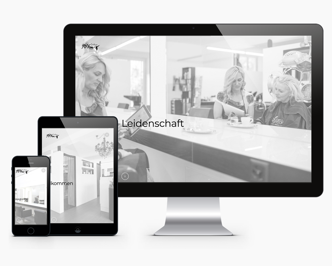 Apple iMac und Apple Mac Book Pro mit den Screens der Website von Coiffure Föhn-X im Liebefeld